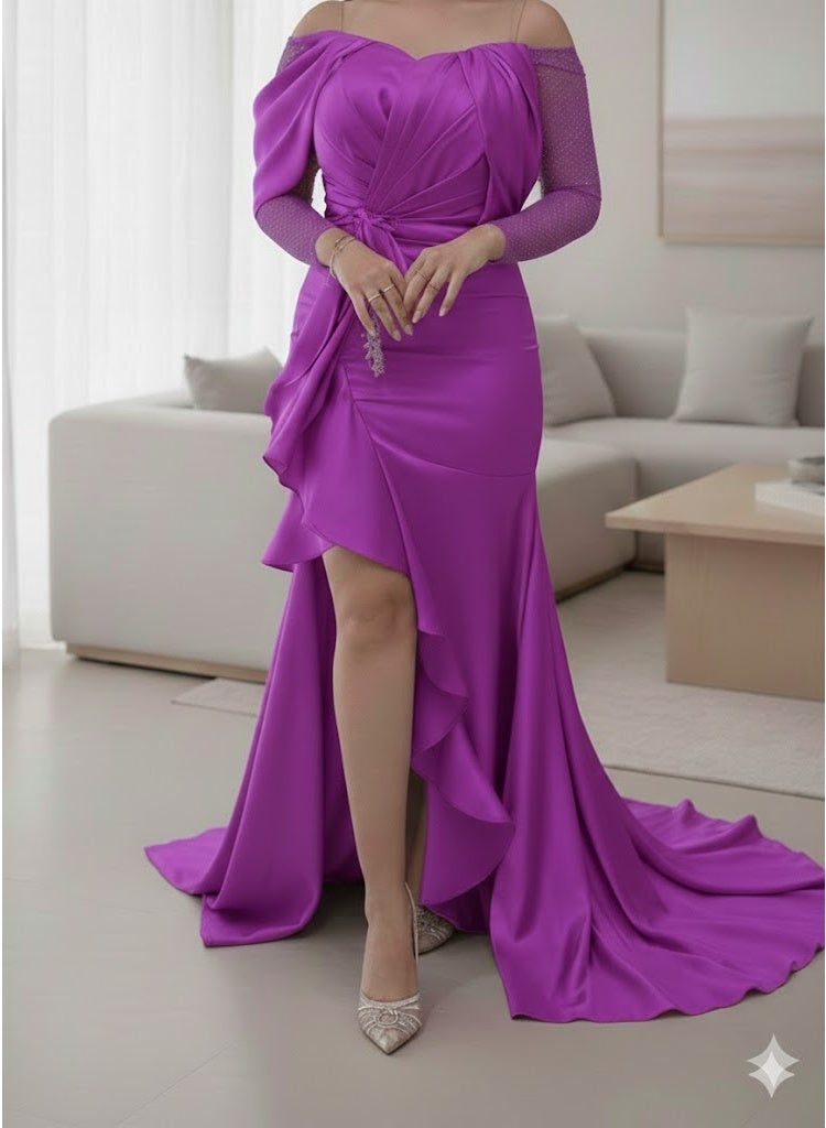 FULL JOY Women Luxurious Silk Satin Maxi Evening Dress, Off-Shoulder Design, Long sheer sleeves, and Waist Belt .Fashion Dress, Modern dress. - Image 5